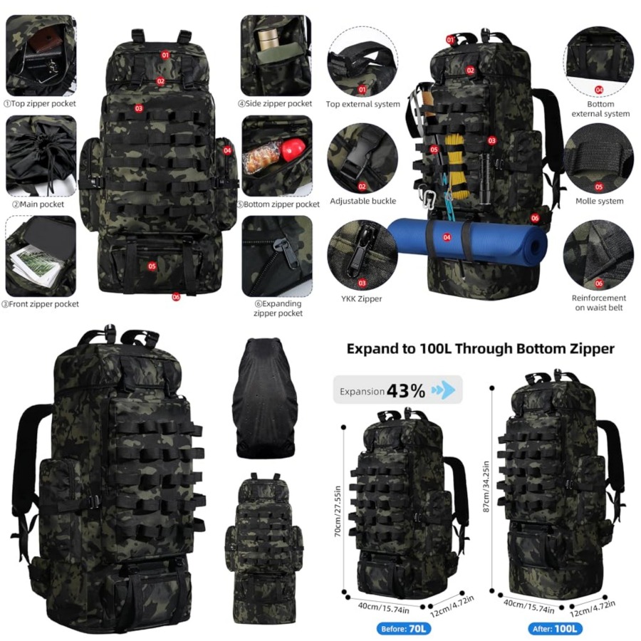 70L/100L Camping Hiking Backpa - Hiking Backpack Waterproof recension och pris